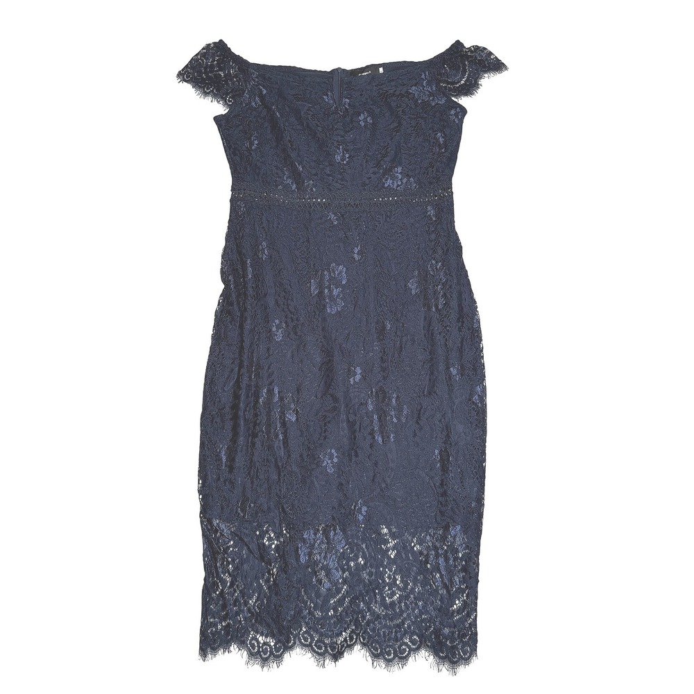 NWT Allandwell 931-2 Floral Lace Off The Shoulder Cocktail Midi Navy Dress Sz 8